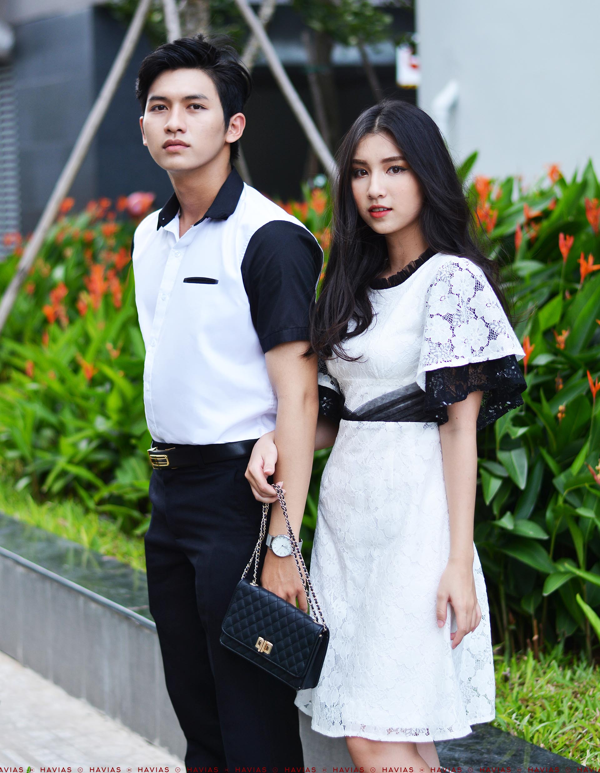 Đồ đôi thiết kế cao cấp Couple White Shirt mixed Black & Classy Pleated Lace Dress