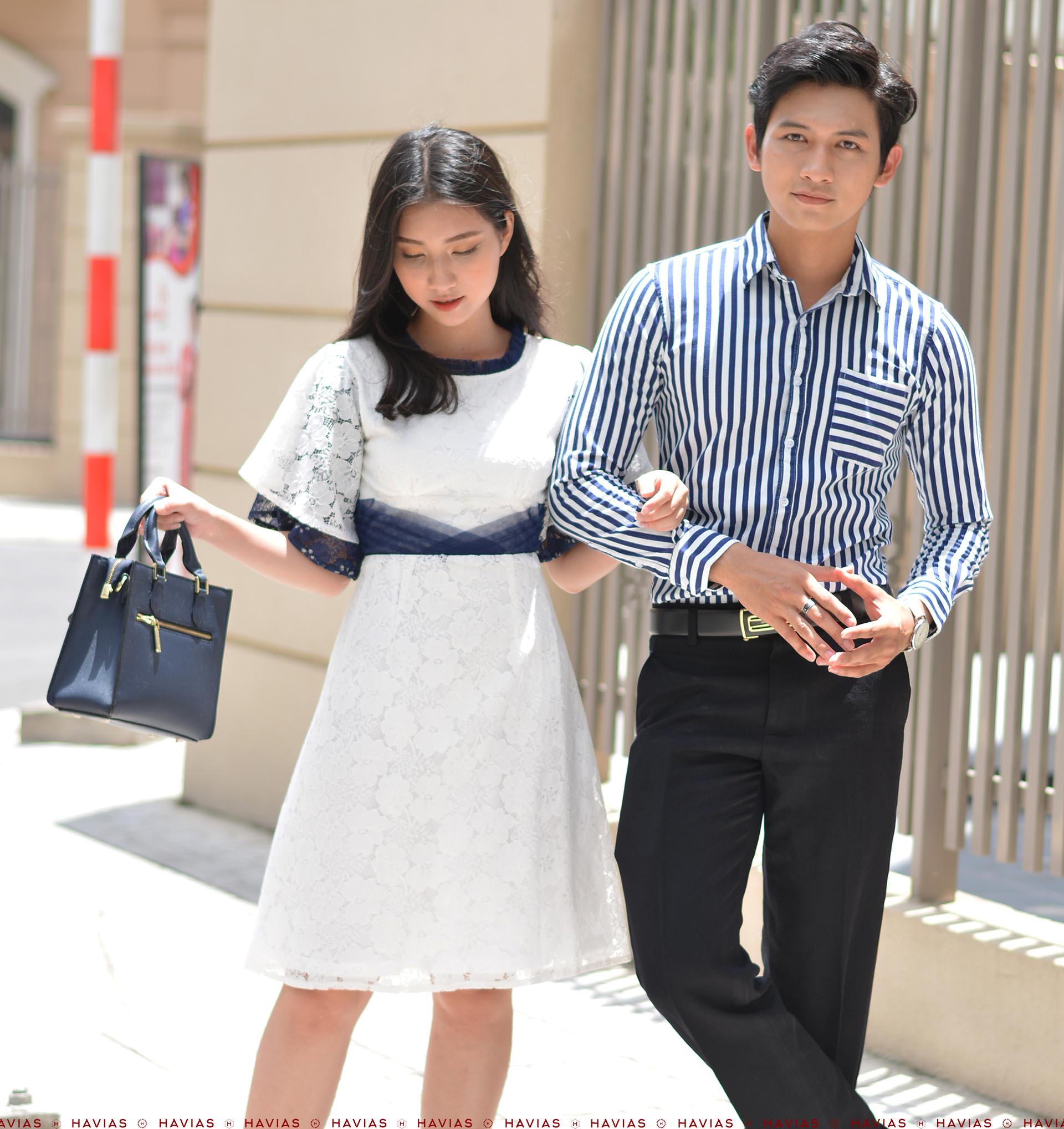 Đồ Đôi Thiết Kế Couple Navy Striped Shirt & Classy Pleated Lace Dress