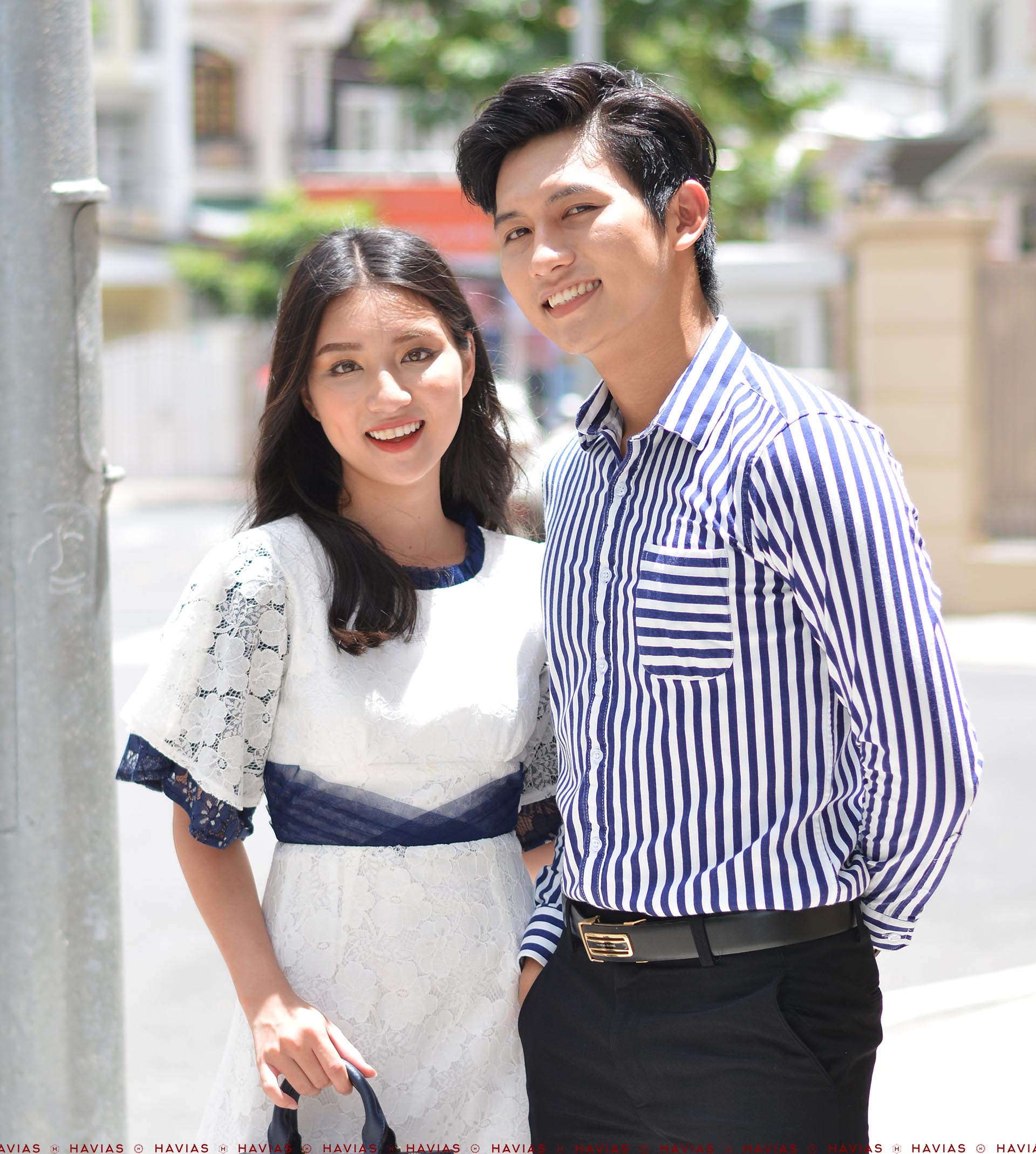 Đồ Đôi Thiết Kế Couple Navy Striped Shirt & Classy Pleated Lace Dress