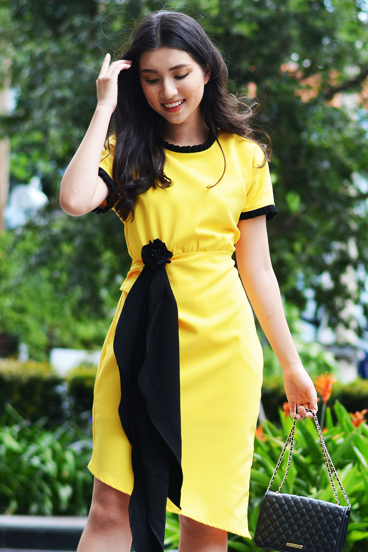 Pleated Neck Sleeve Black Band Yellow Dress