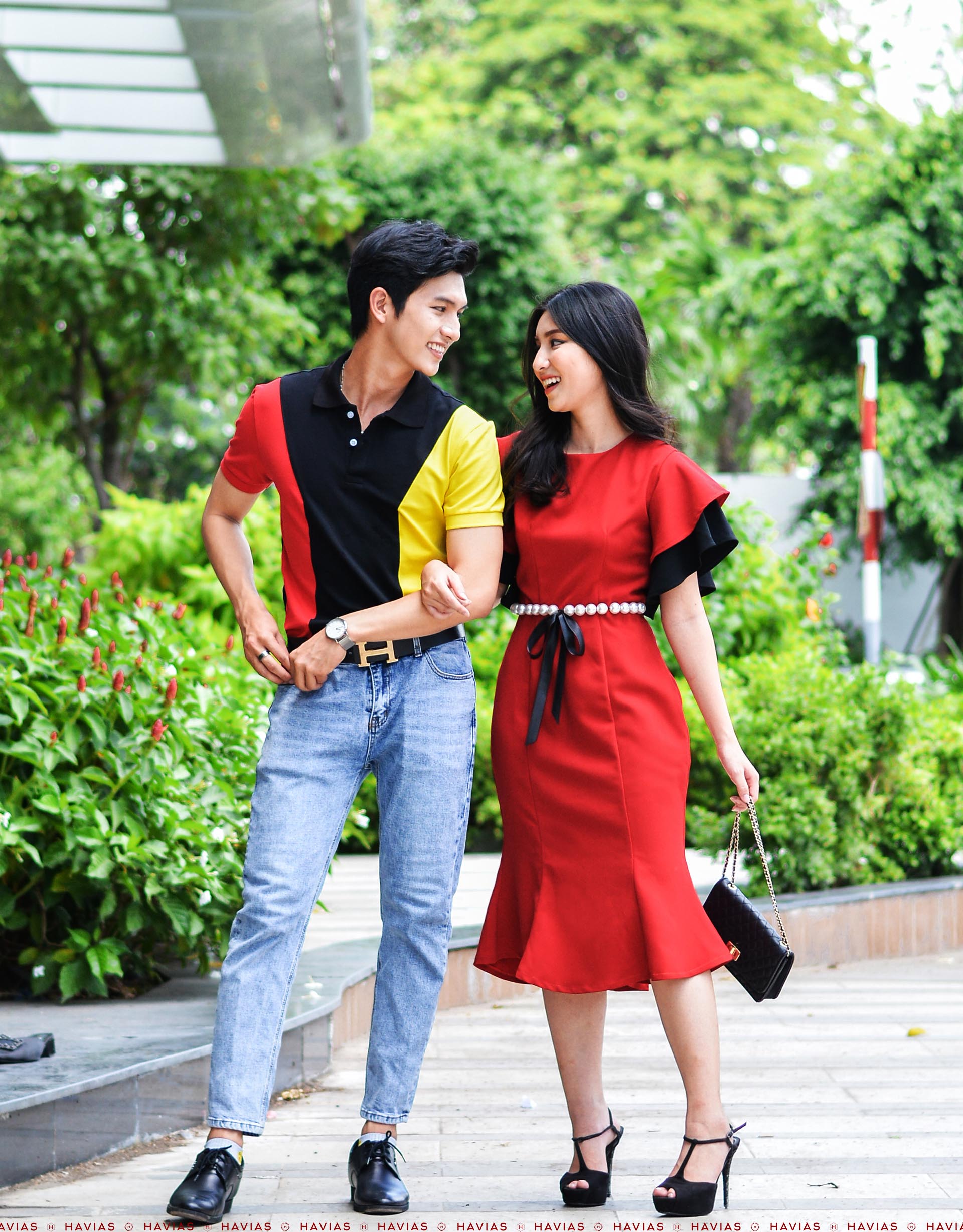 Đồ Đôi Thiết Kế Cao Cấp Couple Strong Shoulder Polo & Pearl Belt Dress