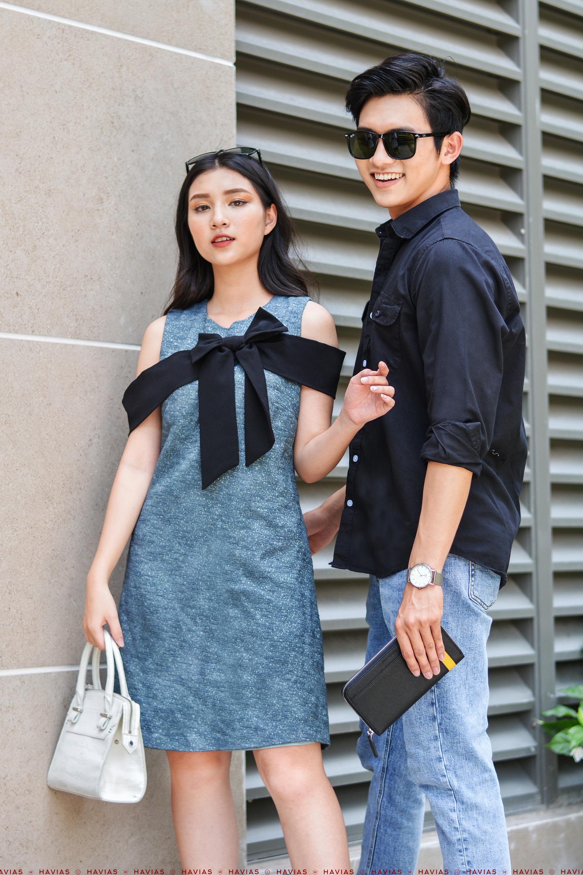 Đầm Sơ Mi Couple Pocket Black Shirt & Textured Bow Tie Dress