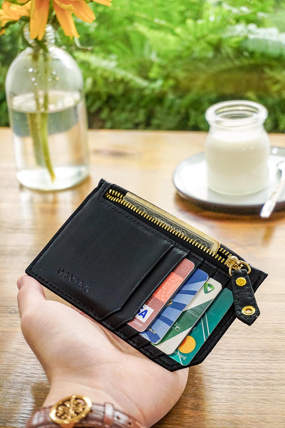 Ví da thật  ví cầm tay Mini khóa kéo Harmony HAVIAS Handcrafted Wallet màu đen