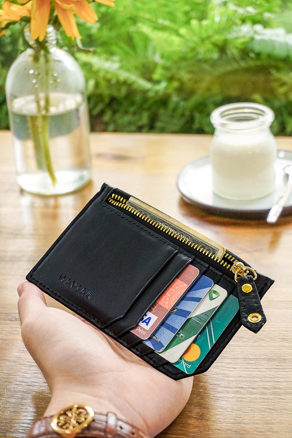 Ví da thật  ví cầm tay Mini khóa kéo Harmony HAVIAS Handcrafted Wallet màu đen