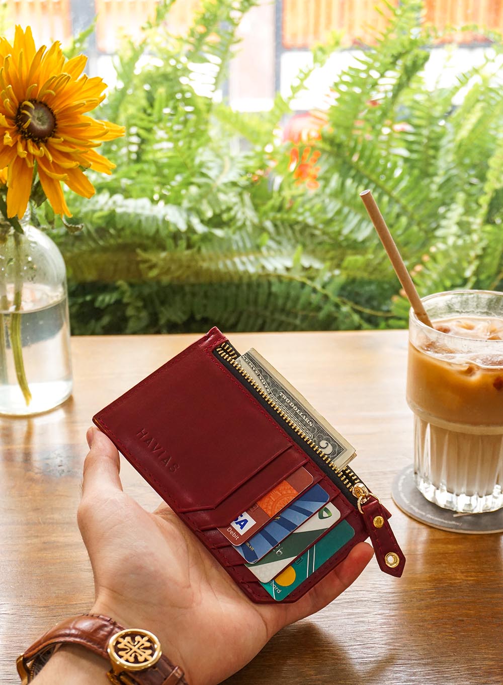 Ví da thật  ví cầm tay Mini khóa kéo Harmony HAVIAS Handcrafted Wallet màu đỏ