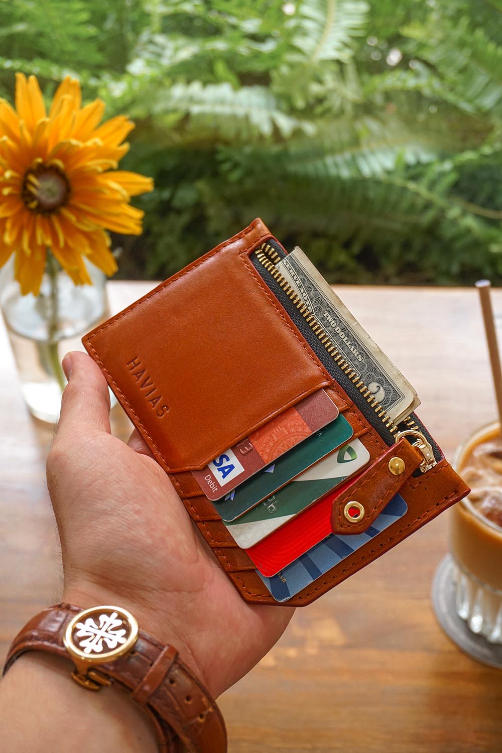 Ví da thật  ví cầm tay Mini khóa kéo Harmony HAVIAS Handcrafted Wallet màu nâu bò