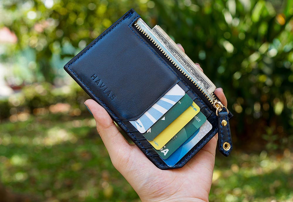 Ví da thật  ví cầm tay Mini khóa kéo Harmony HAVIAS Handcrafted Wallet màu xanh navy