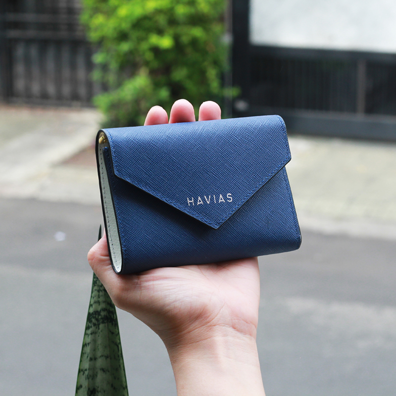 Bóp ví da thật nam nữ HAVIAS Ví gấp Da bò Saffiano Heart2 Mini Wallet Màu xanh navy