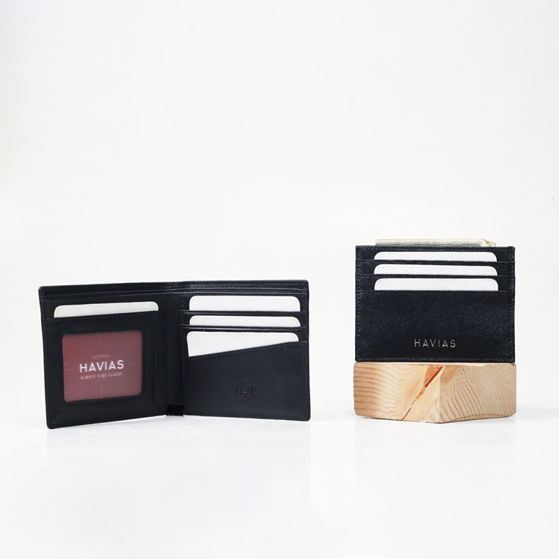 Bóp ví da thật nam nữ Couple Ví Zipline & Mini Pie2 Black