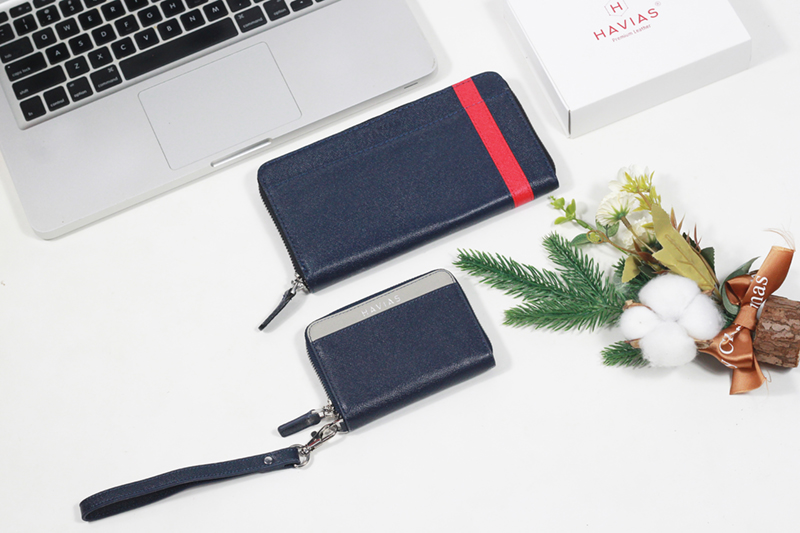 Bóp ví da thật nam nữ Couple Ví Mini Versa & The Viva Zipped Long Wallet Blue Navy