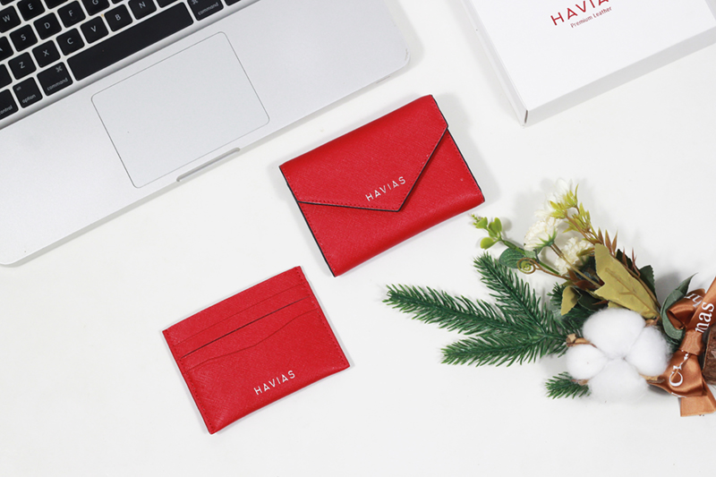 Bóp ví da thật nam nữ HAVIAS Couple Ví Heart2 Mini Wallet & Mini HAVIAS Pie Red