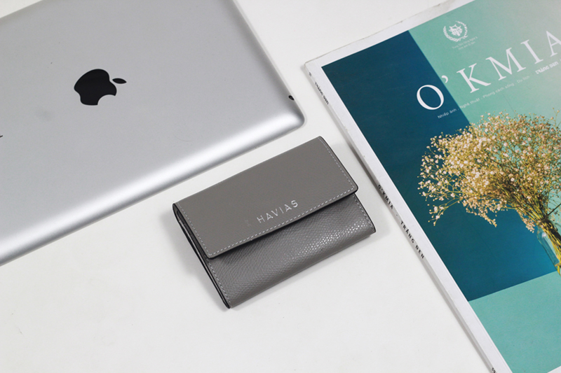 Bóp ví da thật nam nữ Ví gấp Mini HAVIAS Lucy Da Saffiano Màu Xám