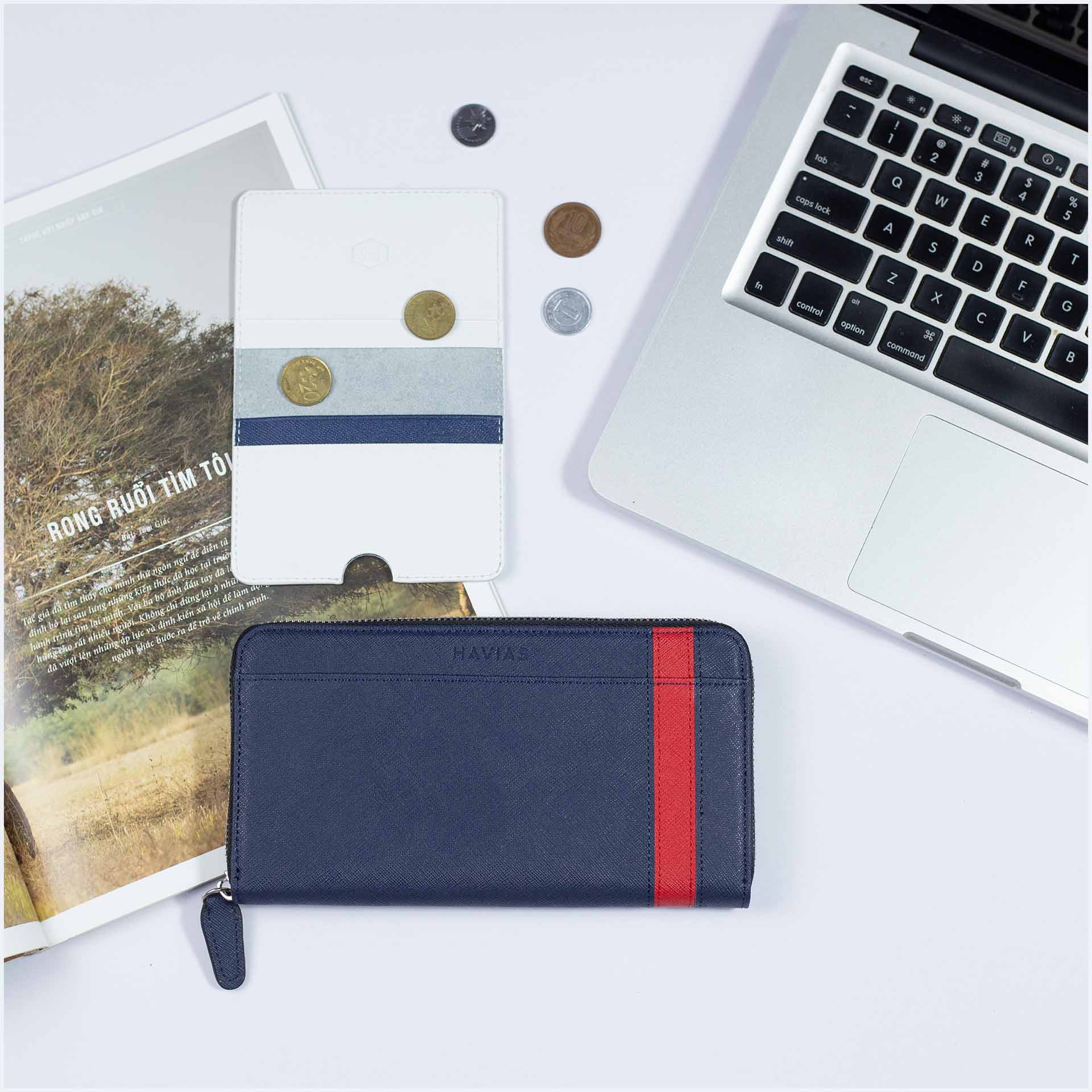 Cặp đôi Bóp Ví da thật Taiga Xanh phối Đỏ Trắng