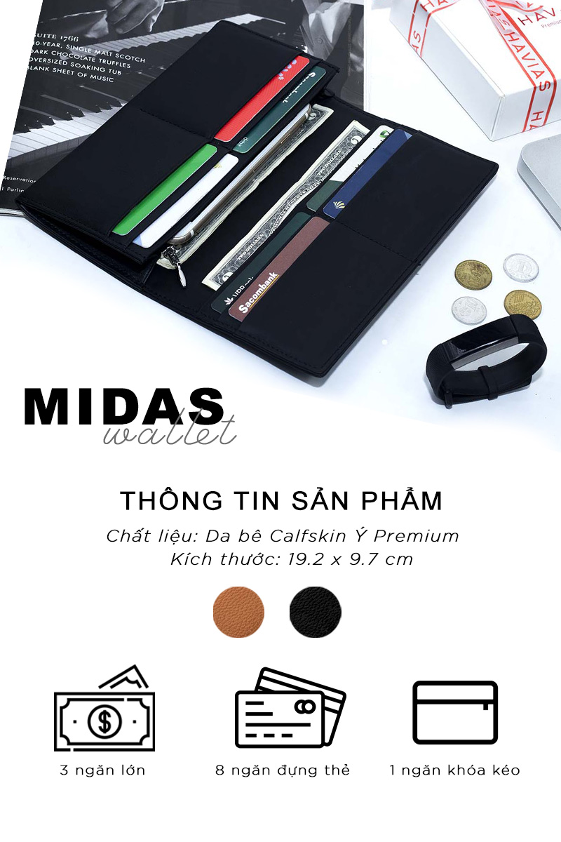 Bóp ví da thật nam nữ HAVIAS Ví dài Midas Handcrafted Wallet Đen