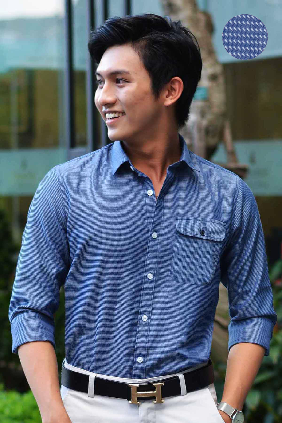 Premium Rippled Dark Blue Shirt with Pocket