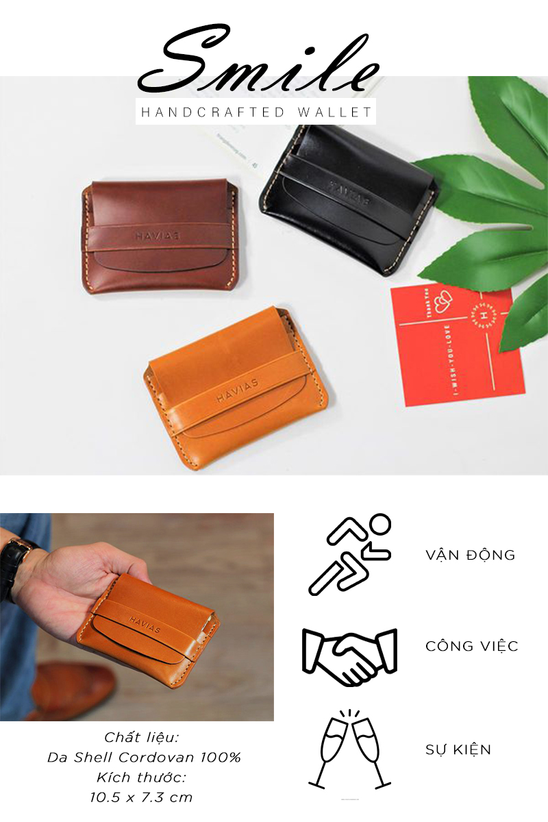 Bóp ví da thật nam nữ HAVIAS Ví da Mini Handcrafted Smile Wallet 