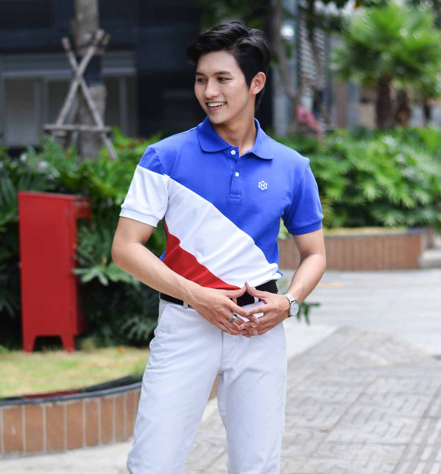 Thun Polo Sọc Xéo Cao Cấp Navy Blue Mixed White Red Skew Premium Polo