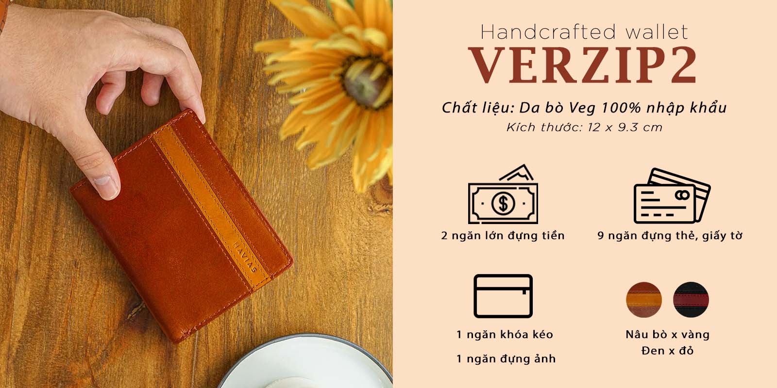 Bóp ví da thật nam nữ HAVIAS Ví da Verzip2 Handcrafted Wallet Nâu