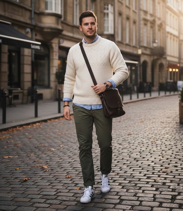 Tạo ấn tượng với áo sweater, quần chinos và giày Adidas