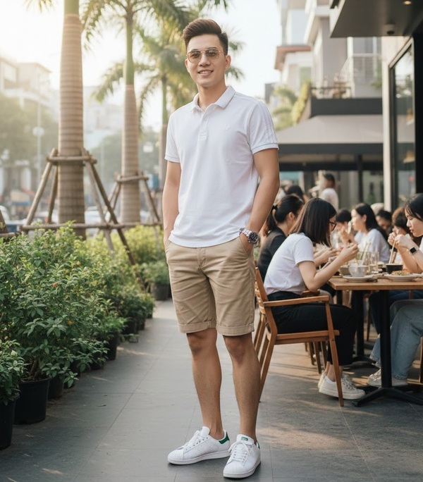 Phối giày Adidas kết hợp áo polo và quần short kaki