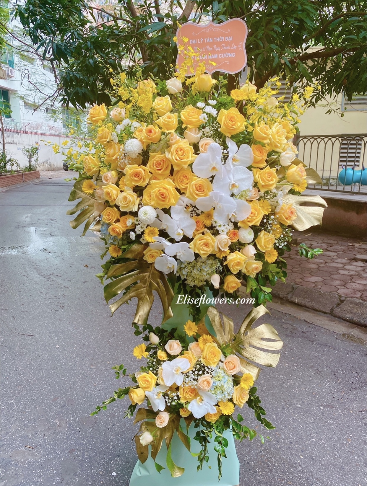 Lẵng hoa khai trương màu vàng đẹp nhất | lẵng hoa 2 tầng màu vàng đẹp nhất