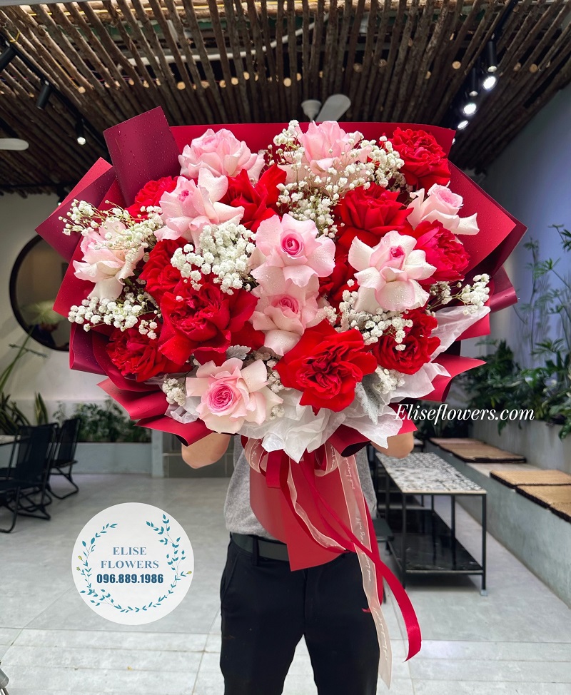 bó hoa hồng đỏ ohara mix hồng lạc thần tại Ellise Flowers | Điện hoa Hà Nội 24h | Shop hoa tươi Hà Nội