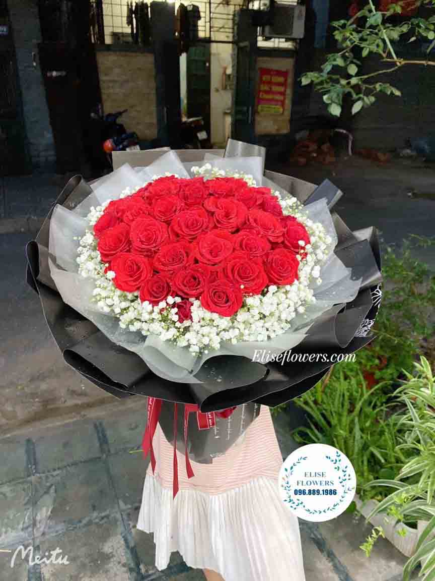 Bó hồng đỏ đẹp | Hoa tặng người yêu | Bó hoa hồng đỏ mix baby trắng đẹp tại Elise