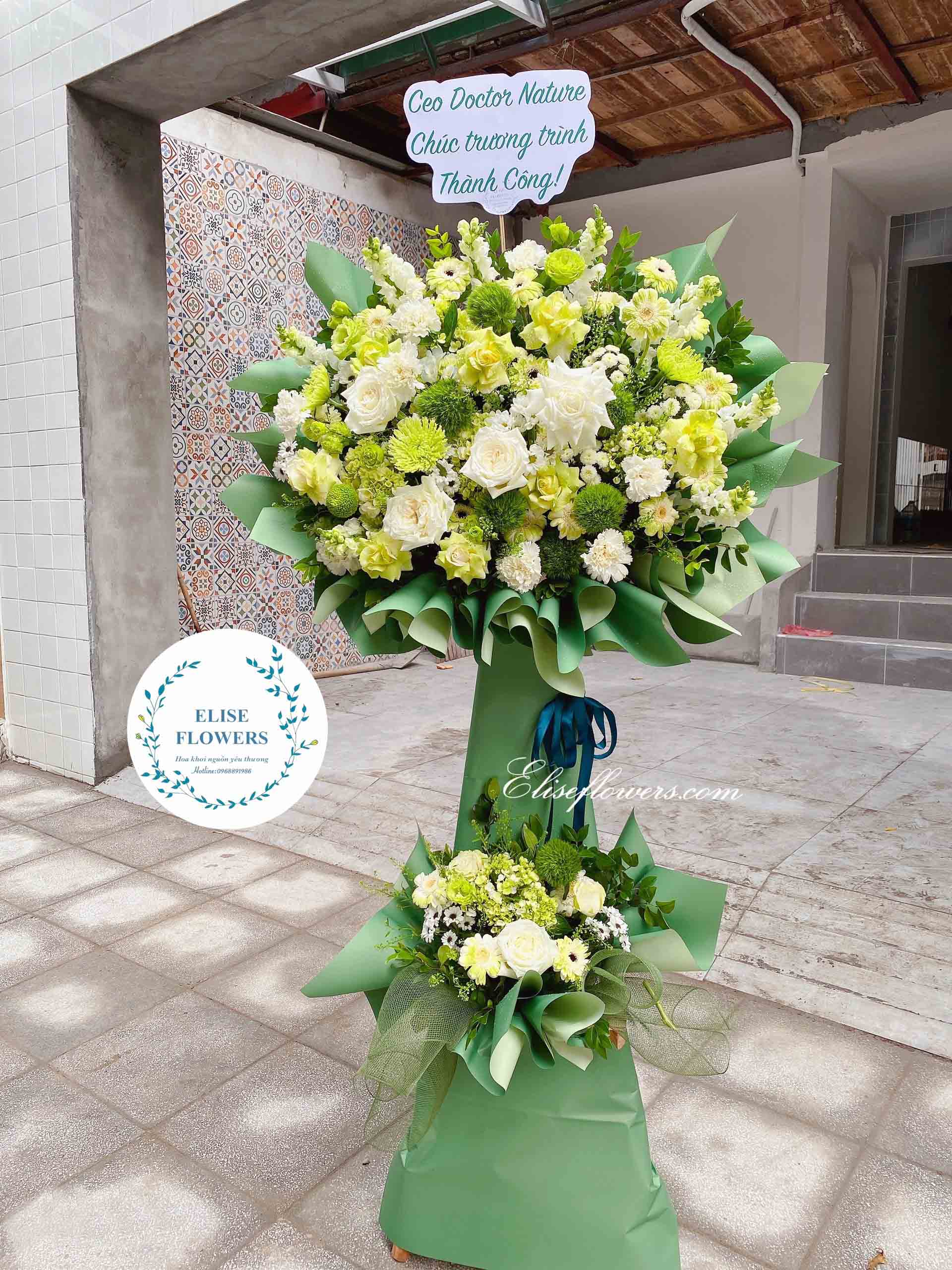 Lẵng hoa khai trương đẹp màu xanh lá - Hoa khai trương quận Cầu Giấy - Hà Nội