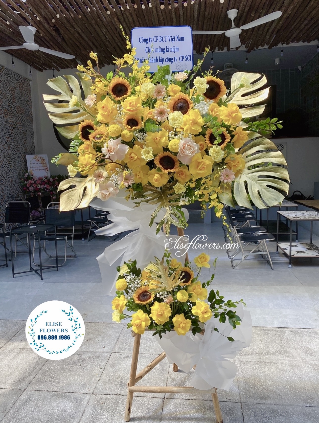 HOA KHAI TRƯƠNG MÀU VÀNG - Lẵng hoa màu vàng tặng khai trương - Elise Flowers - HOA TƯƠI HÀ NỘI