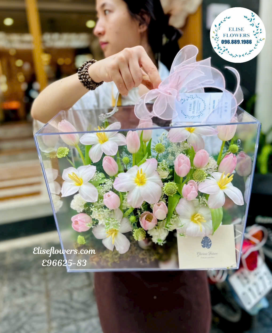 Mẫu Hộp Hoa Mica Tulip Tone Hồng Cao Cấp.