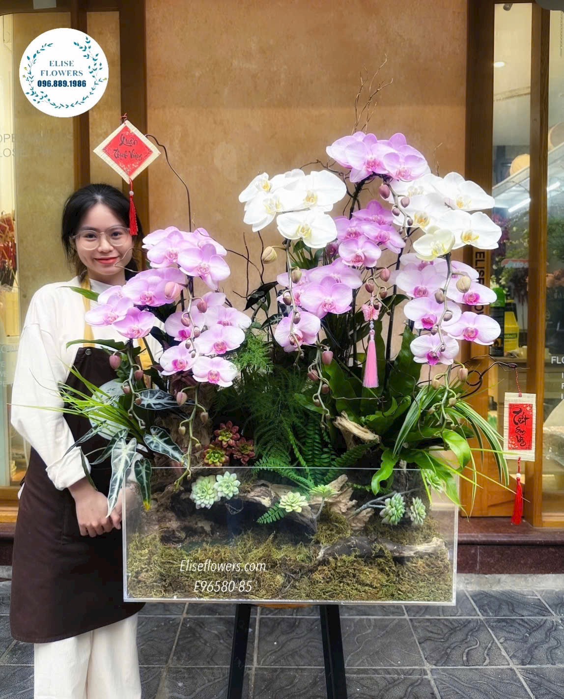 Tiểu cảnh lan hồ điệp phối lũa cao cấp tại cửa hàng Eliseflowers.