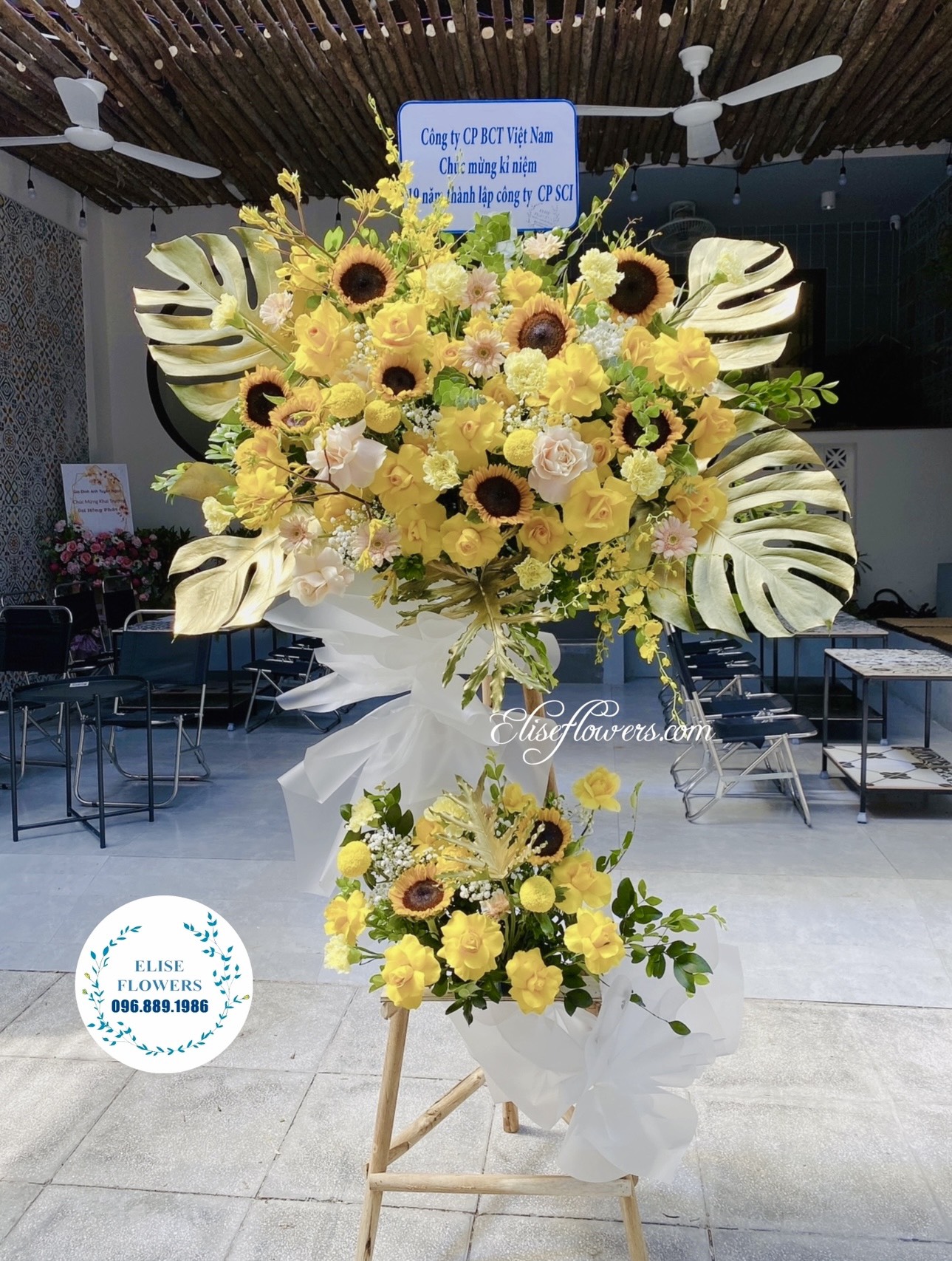 LẴNG HOA CHÚC MỪNG KHAI TRƯƠNG MÀU VÀNG ĐẸP | HOA KHAI TRƯƠNG 2 TẦNG MÀU VÀNG | Elise Flowers