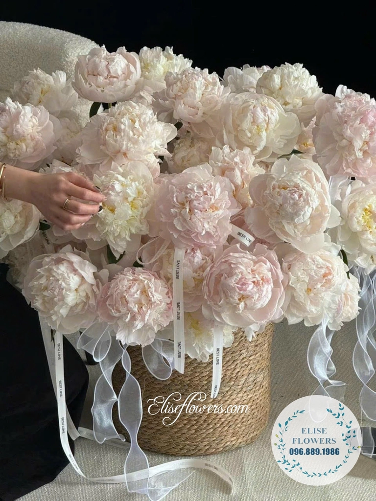 Hộp hoa mẫu đơn Sarah trắng cao cấp tại cửa hàng Eliseflowers Cầu Giấy.