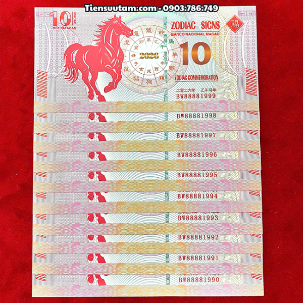 Tiền Lì Xì 10 Dola Macao Hình Con Ngựa 2026 Seri Năm Sinh
