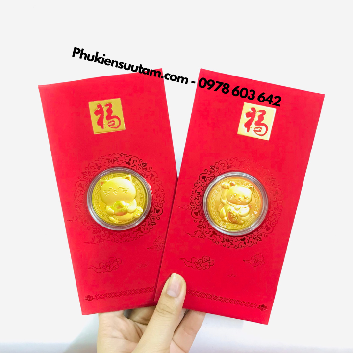 Bao Lì Xì Hình Con Mèo Thần Tài Mạ Vàng VIP - Phukiensuutam.com