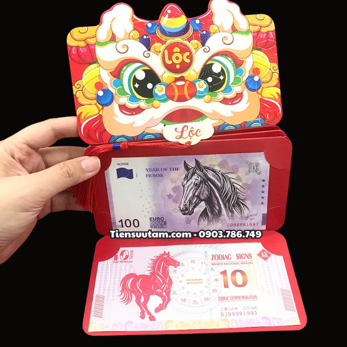 Bao Lì Xì Thần Tài Hoặc Bao Lì Xì Đầu Lân 6 Tờ Tiền Lưu Niệm Mã Đáo Thành Công