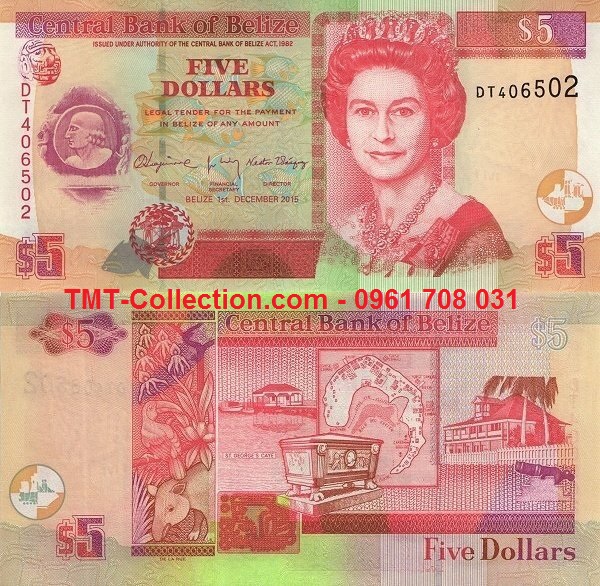 Belize 5 Dollar 2015 UNC (tờ)