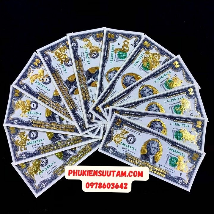 Bộ Tiền 2 USD in hình 12 Con Giáp 3D nhũ vàng - Phukiensuutam.com