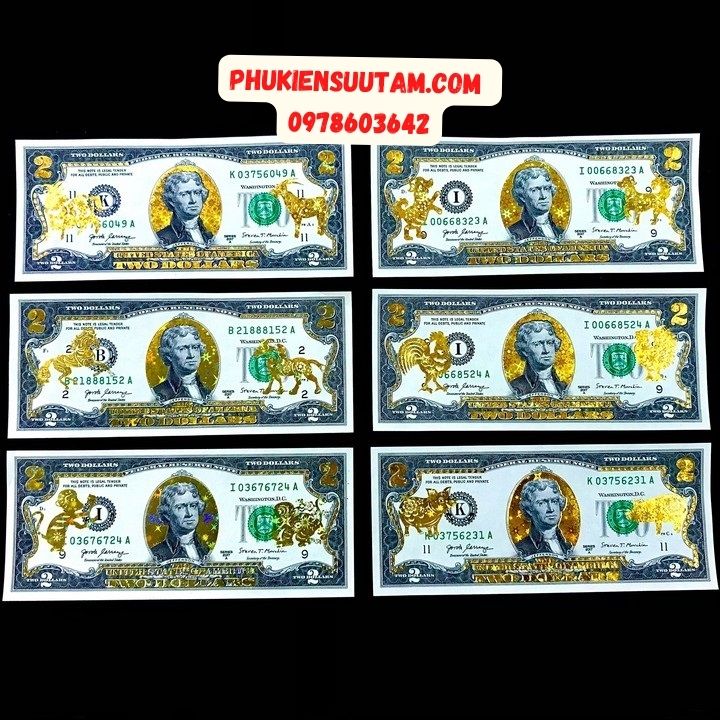 Bộ Tiền 2 USD in hình 12 Con Giáp 3D nhũ vàng - Phukiensuutam.com
