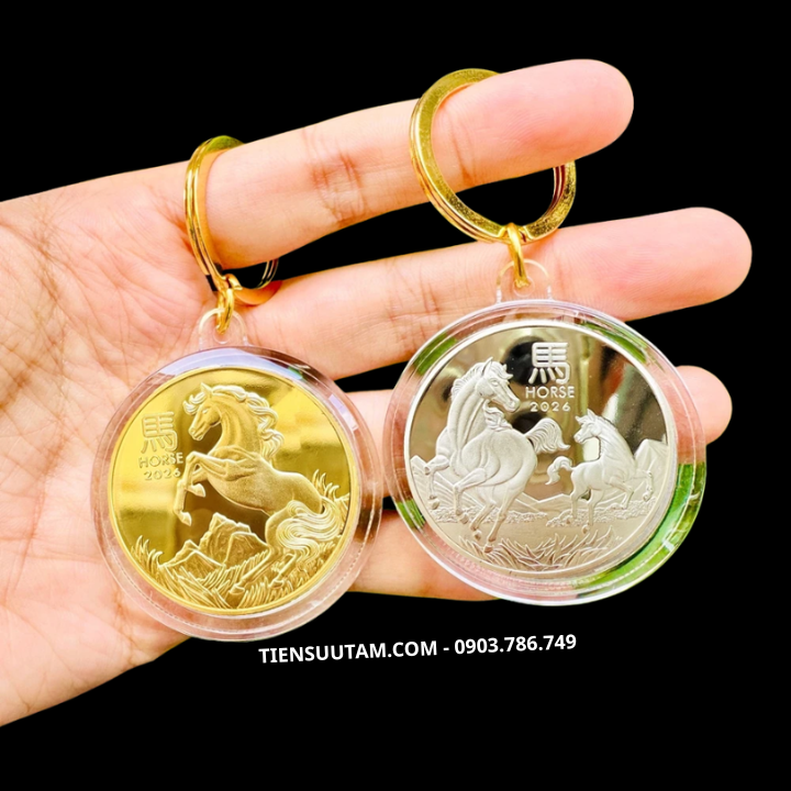 Móc Khóa Cặp Xu Úc Hình Con Ngựa Mạ Vàng Bạc 2026