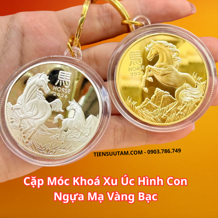 Móc Khóa Cặp Xu Úc Hình Con Ngựa Mạ Vàng Bạc 2026