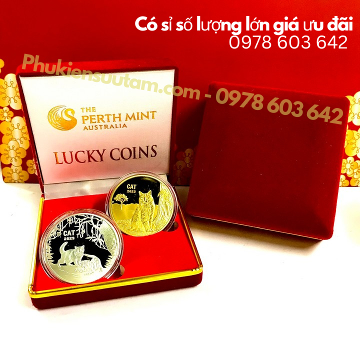 Cặp Xu Úc Hình Con Mèo Mạ Vàng Bạc tặng hộp nhung - Phukiensuutam.com