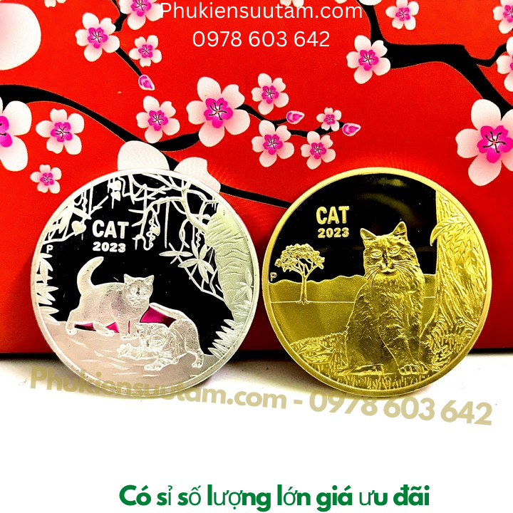 Cặp Xu Úc Hình Con Mèo Mạ Vàng Bạc tặng túi gấm lộc - Phukiensuutam.com
