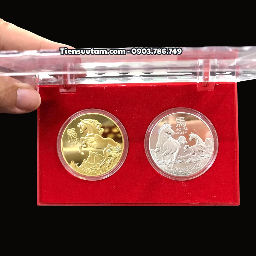 Cặp Xu Úc Hình Con Ngựa Mạ Vàng Bạc Tặng Hộp Meca