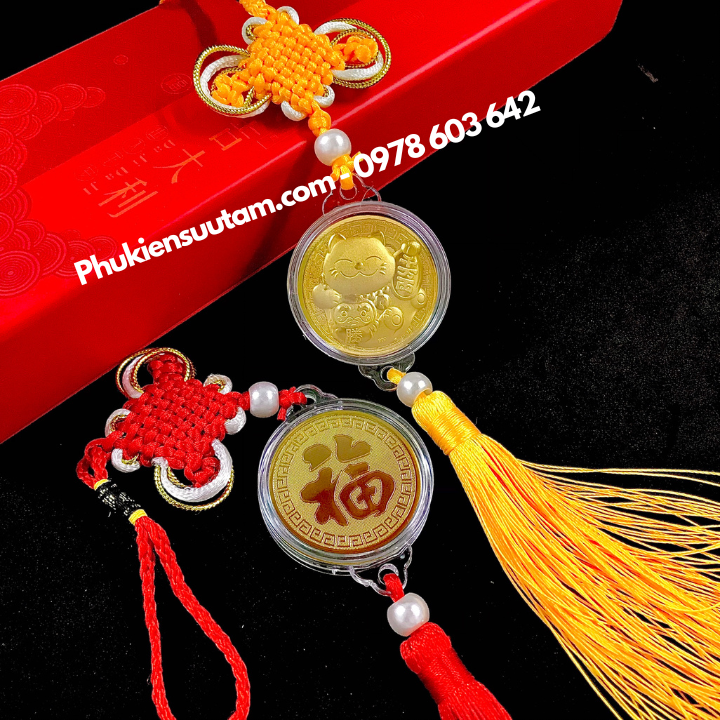 Dây treo đồng xu Mèo Thần Tài vàng may mắn - Phukiensuutam.com