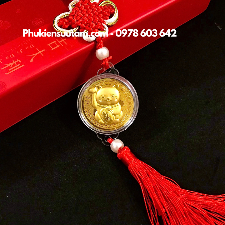Dây treo đồng xu Mèo Thần Tài vàng may mắn - Phukiensuutam.com