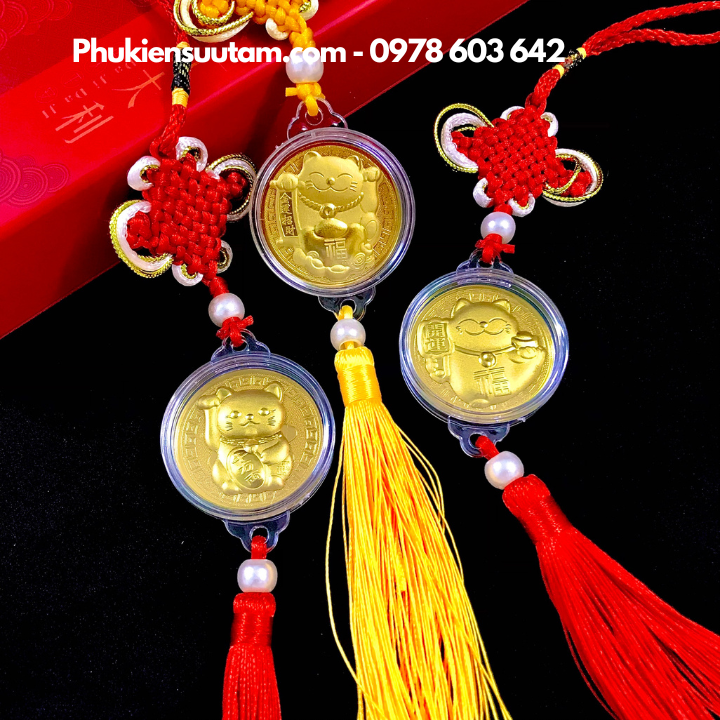Dây treo đồng xu Mèo Thần Tài vàng may mắn - Phukiensuutam.com