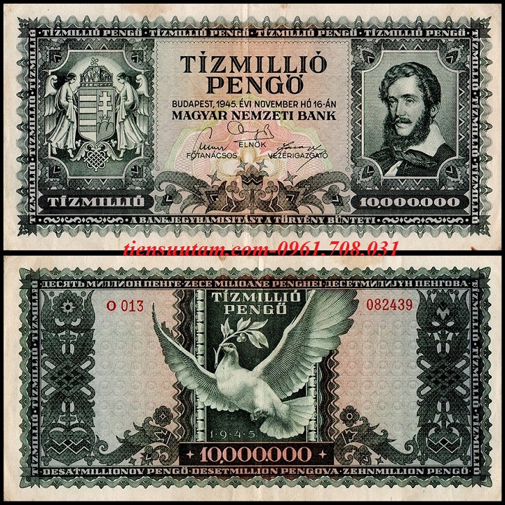 Hungary 10 Triệu Pago 1945 VF Biểu Tượng Chim Bồ Câu