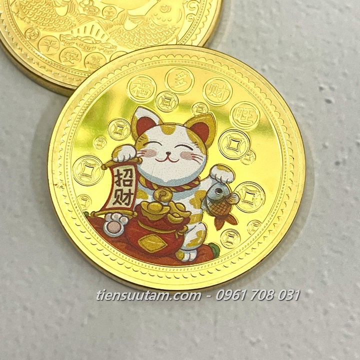 Xu Lưu Niệm Mèo Thần Tài Mạ Vàng In Màu