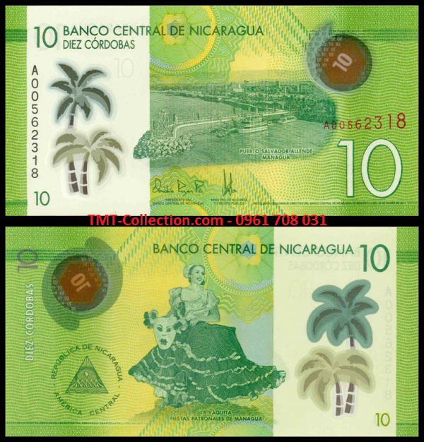 Nicaragua 10 Cordobas 2015 UNC Polymer (tờ)